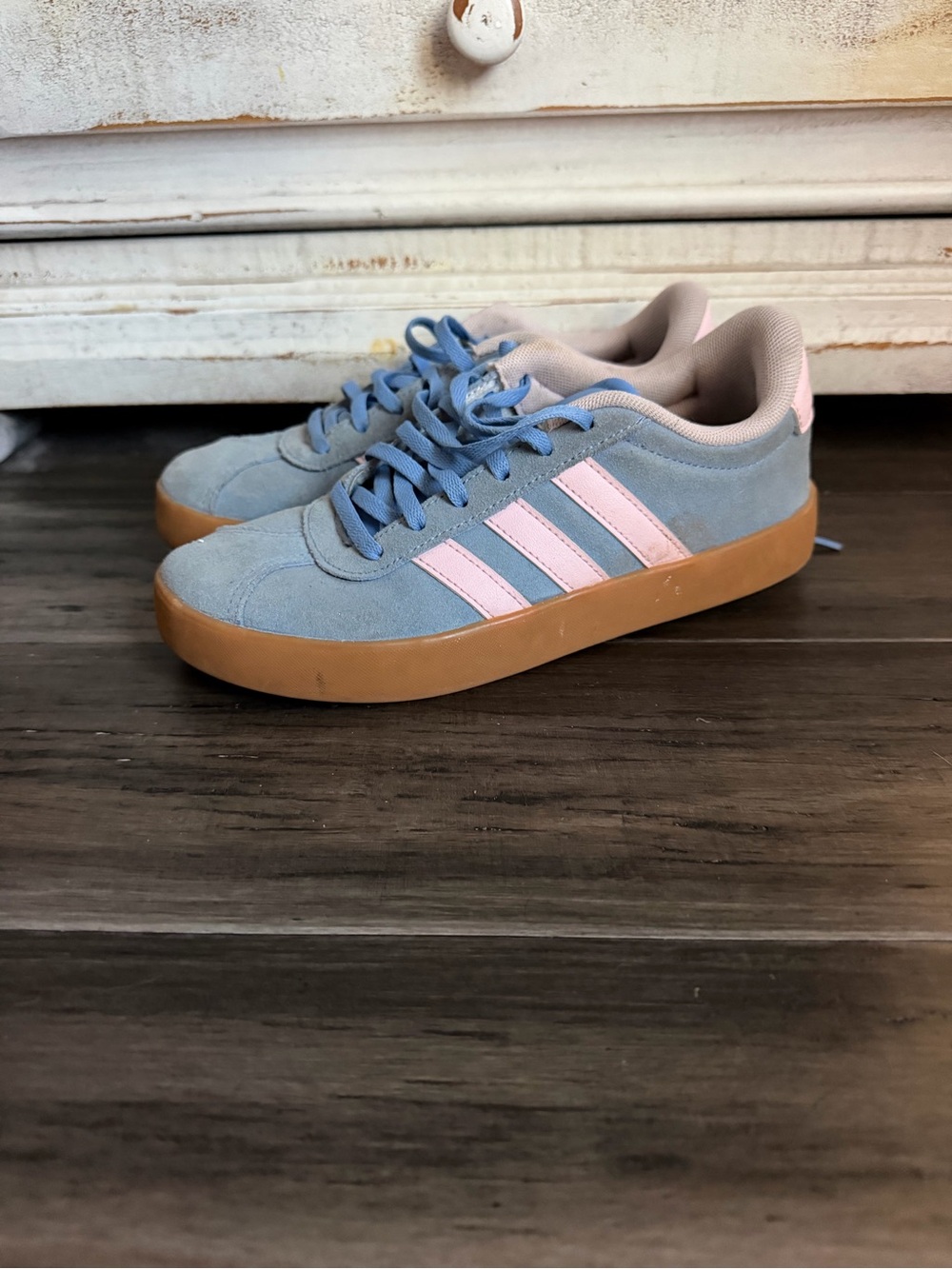 adidas Kids Blue Suede Sneakers with Pink Three Stripes